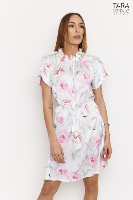 VIKTORI Női ruha Carrie gumis nyakú megkötős fehér-virágmintás, L-XL szatén