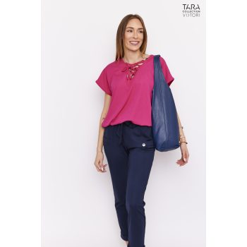   VIKTORI Női tunika PENELOPÉ pink V-nyakú rolni pántos bordás, S-M polyamid