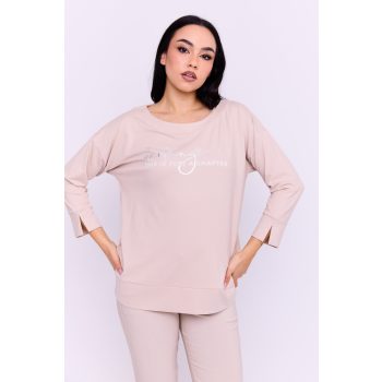   Bertina női tunika, csónak nyakú, passzés aljú- és ujjú női felső,bézs,,M,Tara x Viktori, Curve Fashion