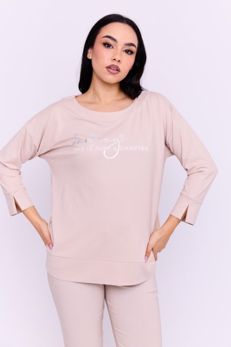 Bertina női tunika, csónak nyakú, passzés aljú- és ujjú női felső,bézs,,M,Tara x Viktori, Curve Fashion