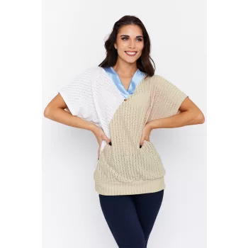  Nim női tunika, V-nyakú, aszimmetrikus, passzés ujjú- és aljú tunika,bézs-ekrü-kék,L,Tara x Viktori, Curve Fashion