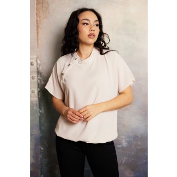   AYLA jobb oldalt gombos, állógalléros, gumis aljú blúz,bézs,M,Tara X Viktori,Curve