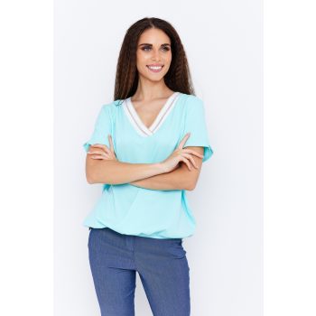   Helen Women’s V-Neck Elastic Hem Blouse – Short Sleeve Top