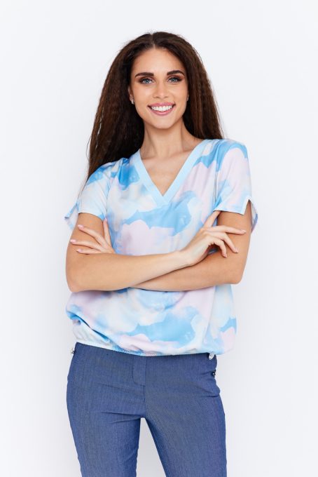 Helen Women’s V-Neck Elastic Hem Blouse – Short Sleeve Top