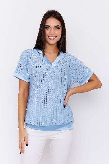 Rella women’s tunic – V-neck perforated summer top with satin trim and elastic hem