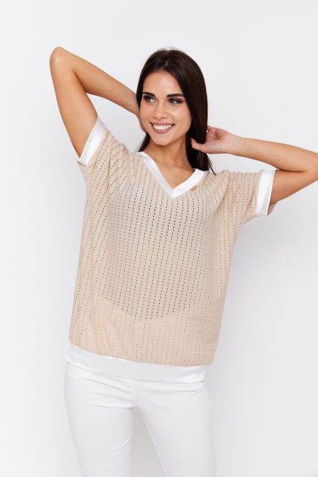 Rella women’s tunic – V-neck perforated summer top with satin trim and elastic hem