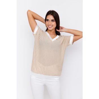   Rella women’s tunic – V-neck perforated summer top with satin trim and elastic hem