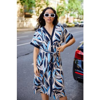   Calandra women’s dress – printed summer dress with solid-color button placket and belt