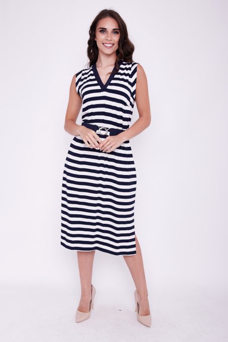 DAHNA women's sleeveless long dress with ribbed neckline and belt