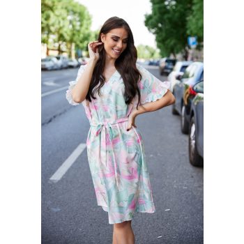 ESTILLA Women's V-Neck Ruffle Sleeve Belted Dress