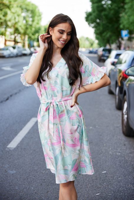 ESTILLA Women's V-Neck Ruffle Sleeve Belted Dress