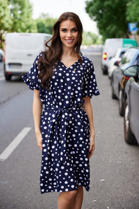 ESTILLA Women's V-Neck Ruffle Sleeve Belted Dress