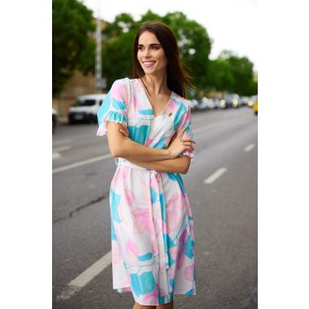 ESTILLA Women's V-Neck Ruffle Sleeve Belted Dress