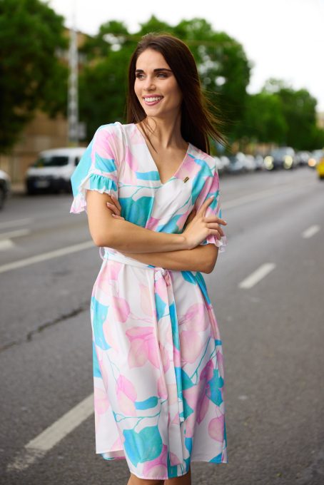 ESTILLA Women's V-Neck Ruffle Sleeve Belted Dress