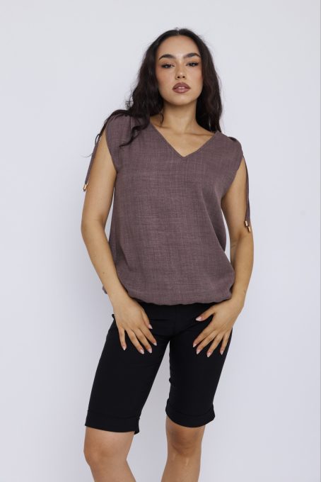 Verona női V-nyakú nyári felső húzott vállal, gumis aljjal, barna,M,Tara X Viktori,Curve