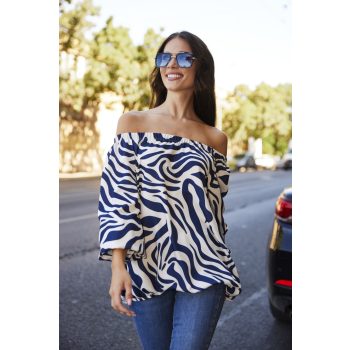   NÁRCISZ női blúz– csónak nyakú gumis, cérnagumis ujjú, mintás,L,Curve Fashion