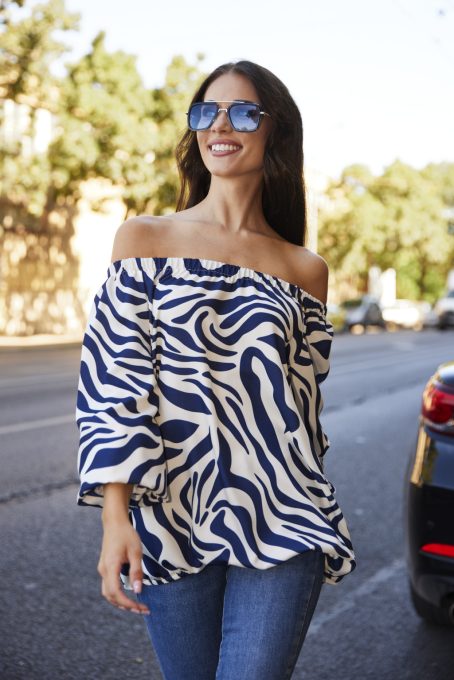 NÁRCISZ női blúz– csónak nyakú gumis, cérnagumis ujjú, mintás,L,Curve Fashion