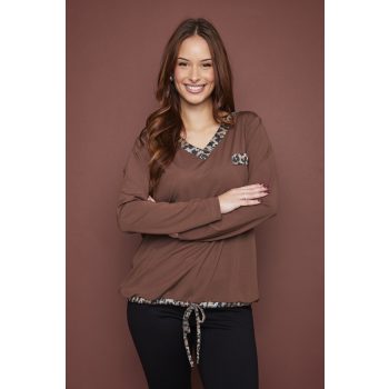   RAMI női felső, V-nyakú, megkötős aljú tunika csíkbetéttel és gombbal,barna,M,Tara X Viktori,Curve Kollekció