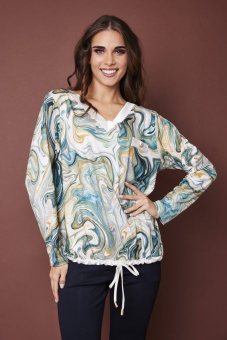 RAMI női felső, V-nyakú, megkötős aljú tunika csíkbetéttel és gombbal,mintás,M,Tara X Viktori,Curve Kollekció