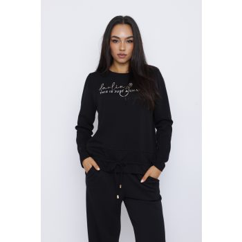   EVORA női pulóver rövid ujjal, gumis aljjal és motiváló felirattal,fekete,L-XL,Tara X Viktori,Curve