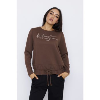   EVORA női pulóver rövid ujjal, gumis aljjal és motiváló felirattal,barna,S-M,Tara X Viktori,Curve