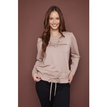   EVORA női pulóver rövid ujjal, gumis aljjal és motiváló felirattal,bézs,S-M,Tara X Viktori,Curve