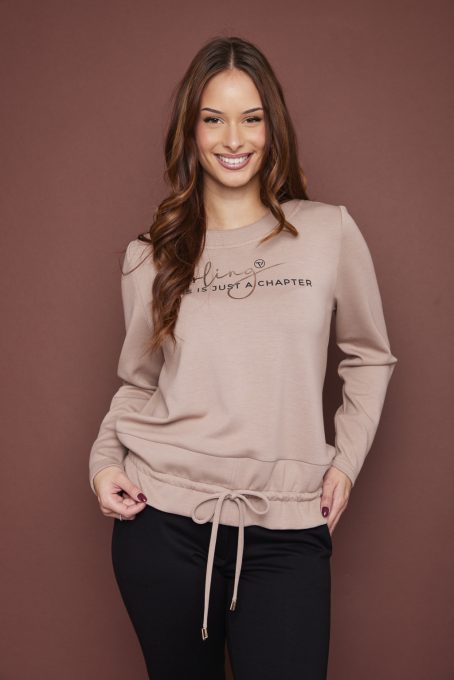 EVORA női pulóver rövid ujjal, gumis aljjal és motiváló felirattal,bézs,L-XL,Tara X Viktori,Curve