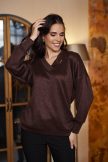 CHANTIL női felső – V-nyakú, passzés ujjú, bővebb szabású,barna-csillogós,M,Tara x Viktori,Curve Kollekció