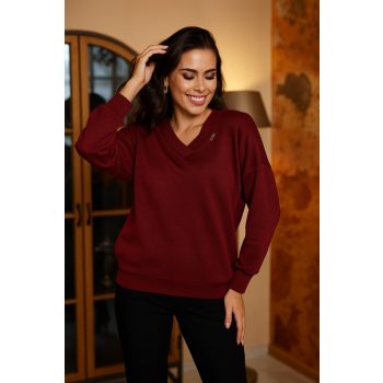   CHANTIL női felső – V-nyakú, passzés ujjú, bővebb szabású,bordó-csillogós,M,Tara x Viktori,Curve Kollekció