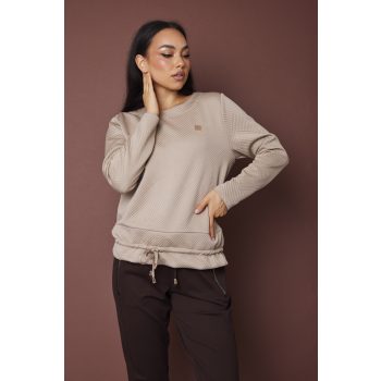   EVORA női pulóver, kerek nyakú, kötős aljú, parketta mintás,bézs,S-M,Tara X Viktori,Curve Kollekció