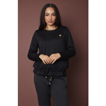   EVORA női pulóver, kerek nyakú, kötős aljú, parketta mintás,fekete,S-M,Tara X Viktori,Curve Kollekció