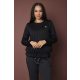 EVORA női pulóver, kerek nyakú, kötős aljú, parketta mintás,fekete,S-M,Tara X Viktori,Curve Kollekció