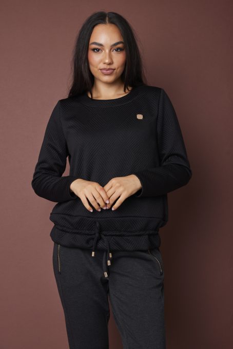 EVORA női pulóver, kerek nyakú, kötős aljú, parketta mintás,fekete,L-XL,Tara X Viktori,Curve Kollekció