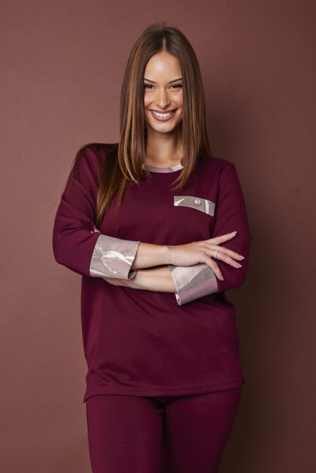 CAITLYN női pulóver – mintás pántos,bordó,L-XL,Tara X Viktori,Curve Kollekció