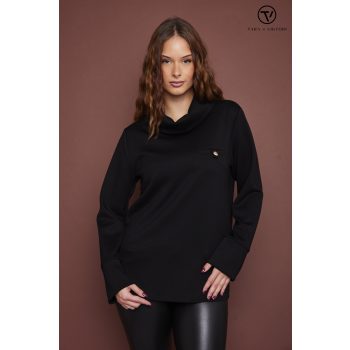   SUSAN női pulóver, kámzsás nyakú, díszzsebes pulóver,fekete,M,Tara X Viktori,Curve Kollekció