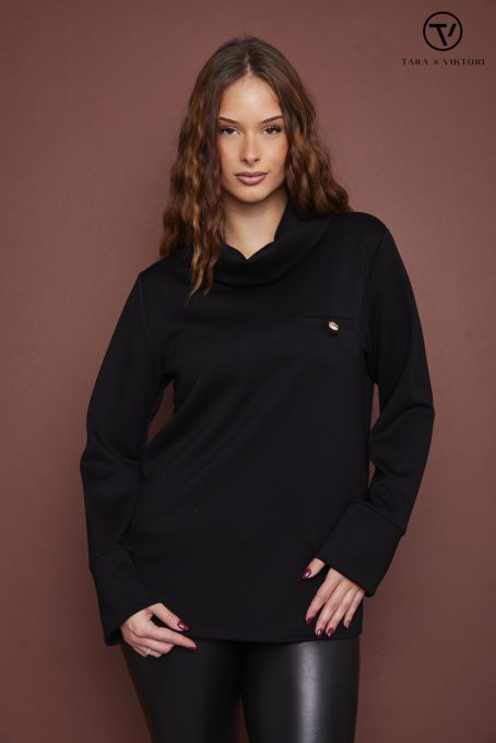 SUSAN női pulóver, kámzsás nyakú, díszzsebes pulóver,fekete,M,Tara X Viktori,Curve Kollekció