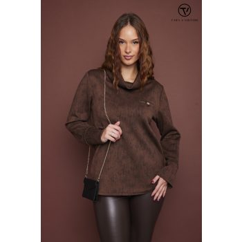   SUSAN női pulóver, kámzsás nyakú, díszzsebes pulóver,barna,M,Tara X Viktori,Curve Kollekció