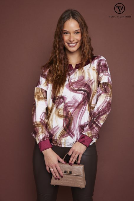 MARY női blúz – mintás, környakas, gumis aljú blúz,S-M,Tara X Viktori,Curve Kollekció