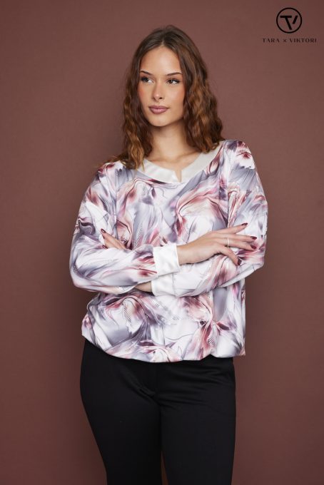 MARY női blúz – mintás, környakas, gumis aljú blúz,L-XL,Tara X Viktori,Curve Kollekció