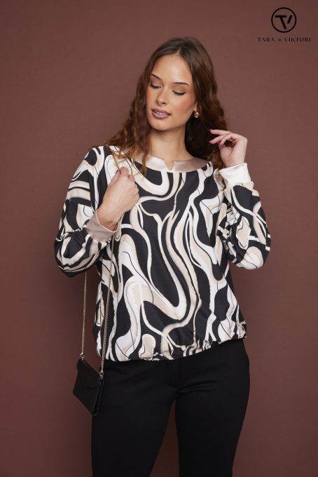 MARY női blúz– mintás, környakas, gumis aljú blúz,S-M,Tara X Viktori,Curve Kollekció