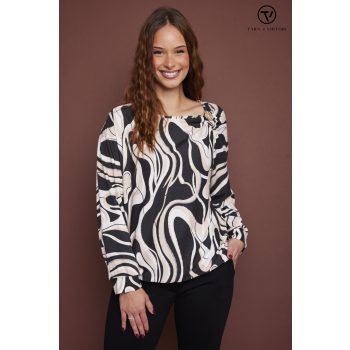   PATRICIA női blúz – féloldalt ráncolt vállú, brossal díszített,mintás,S-M,Tara X Viktori,Curve Kollekció
