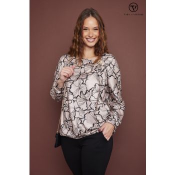   PATRICIA női blúz – féloldalt ráncolt vállú, brossal díszített,mintás,S-M,Tara X Viktori,Curve Kollekció