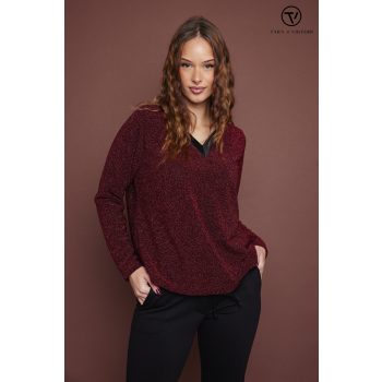   RAMI női csillogó tunika szatén V-nyakkal és megkötős aljjal,piros csillogó,M,Tara X Viktori,Curve Kollekció