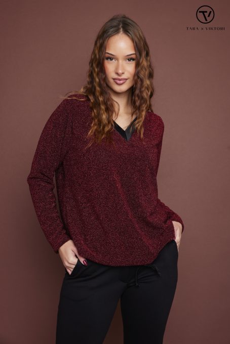 RAMI női csillogó tunika szatén V-nyakkal és megkötős aljjal,piros csillogó,L,Tara X Viktori,Curve Kollekció