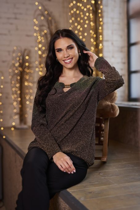 MIRABELLA csillogó V-nyakú alkalmi tunika klippel,bronz,S-M,Tara X Viktori,Curve Fashion