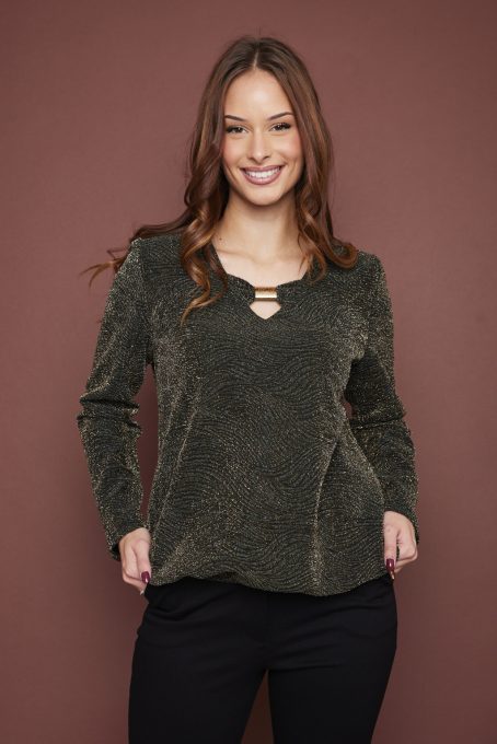 MIRABELLA csillogó V-nyakú alkalmi tunika klippel,zöldes,L-XL,Tara X Viktori,Curve Fashion