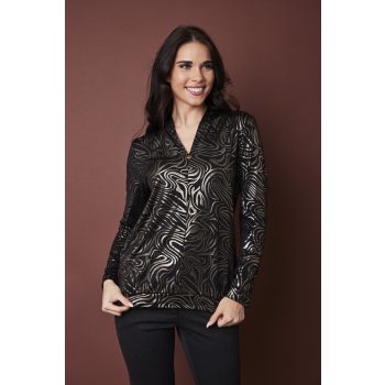   SHAINA elegáns állónyakú tunika – mintás, passzés aljú női felső,arany-fekete,S-M,Tara x Viktori, Curve Fashion