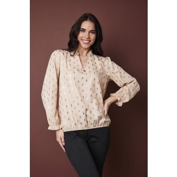   LEILA női tunika fodros ujjú V-nyakú felső,arany mintás-bézs alkalmi,S-M,Tara X Viktori,Curve Kollekció