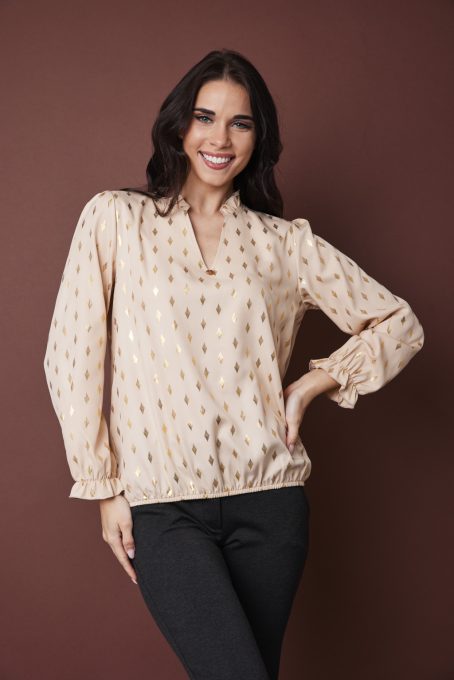 LEILA női tunika fodros ujjú V-nyakú felső,arany mintás-bézs alkalmi,L-XL,Tara X Viktori,Curve Kollekció