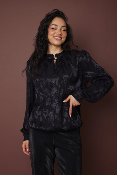 AMARA női szatén tunika állógallérral és díszgombbal,fekete,L-XL,Tara X Viktori,Curve Kollekció